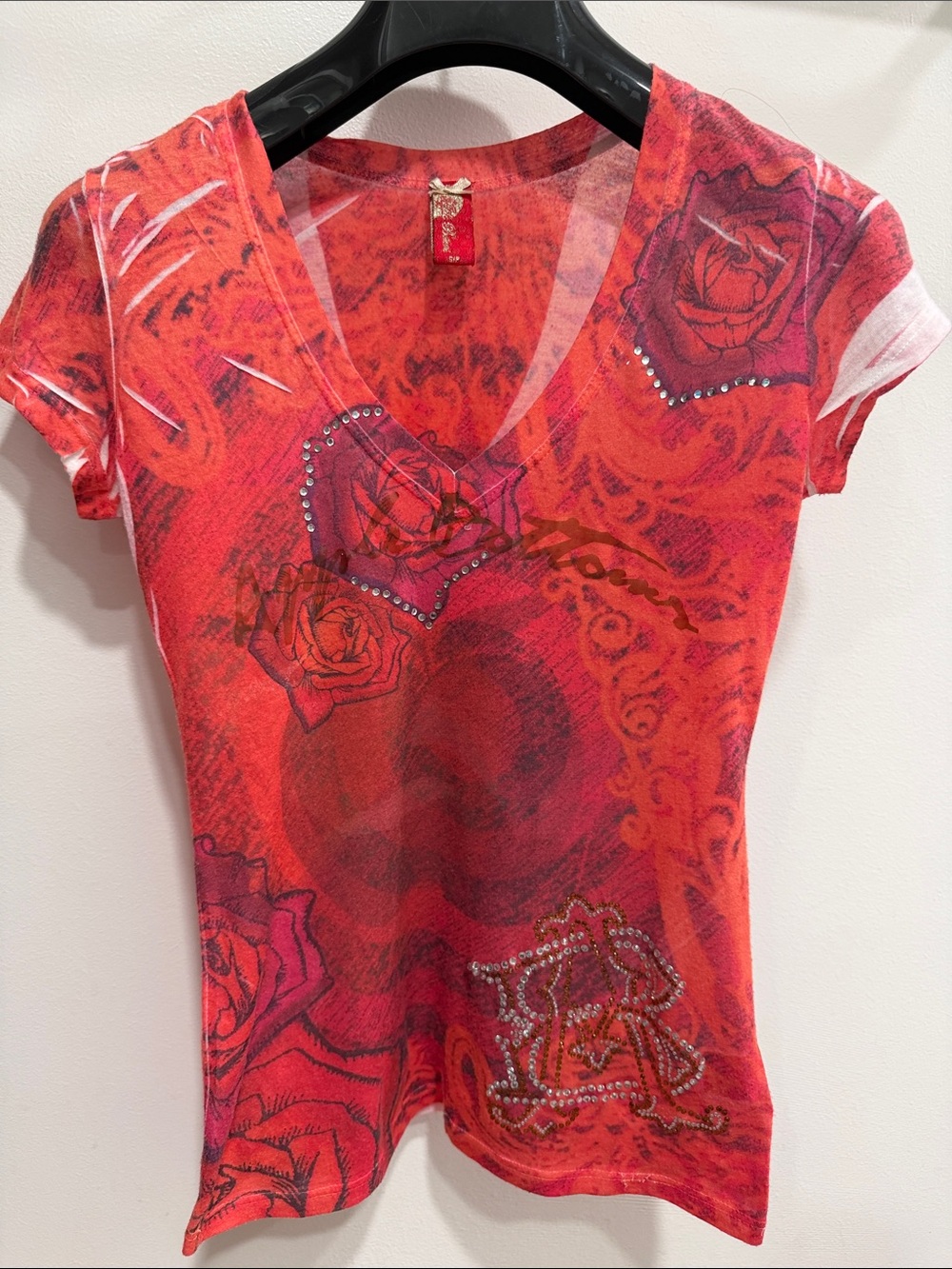 Apple Bottoms Red & Pink Floral V-Neck Short Sleeve Tee with Rhinestone Accents